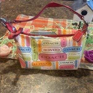 Coach Y2K vintage mini Multicolor Logo Print Shoulder Pouch with Pink Trim